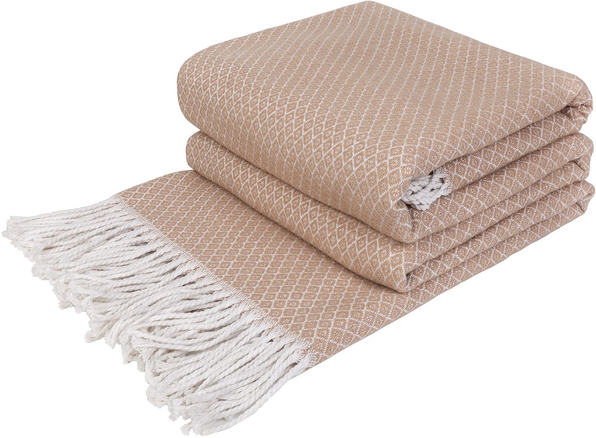 Plaid Katoenen voor op de Bank Sofa & Bed, Blanket met Franjes Zomer Winter en Lente, Dekens Zacht, Knuffeldeken Groot (140 x 200 cm | Beige met Wit Diamant)
