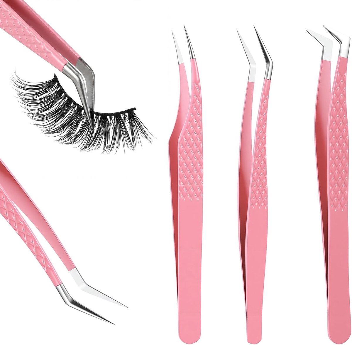 Set van 3 wimperpincetten voor wimperverlenging, precisiepincet, wimperextensions en make-up applicatie (roze)