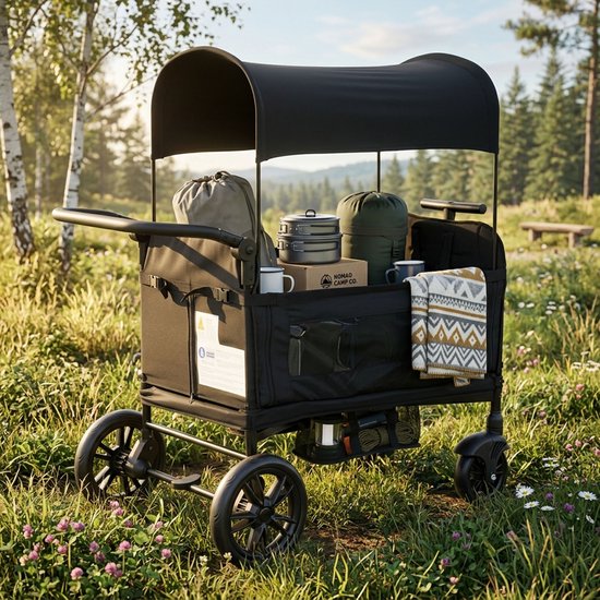 Zwarte, compact opvouwbare bolderwagen voor 2 kinderen met 8-voudig verstelbare, gevoerde duwbeugel, zonnedak, serveerblad en 5-punts veiligheidsgordel - ideaal als zitkar — afbeelding 2