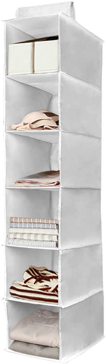 Stoffen hangende kledingkastopslag, 6 planken, stevige organisatoropbergunit met 2 brede banden, duurzaam opbergrek, pak voor truien, schoenen en accessoires (grijs, 20 cm)