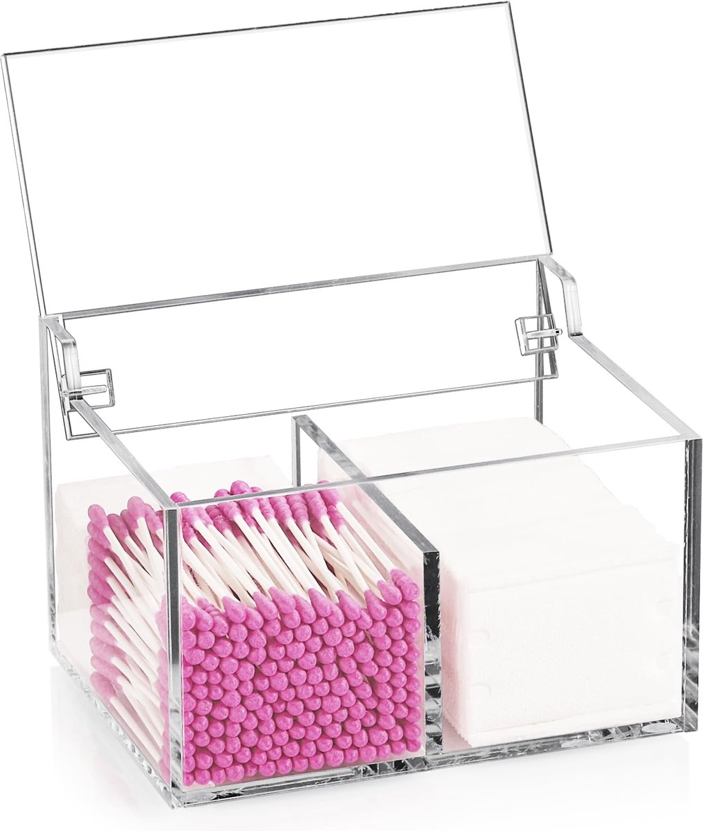 acryl make-up pads cosmetische opbergdoos, rechthoekige Qtip-houder 2-vaks acryl transparante container wattenstaafjes organizer dispenser houder, wattenschijfjes vouwdoos