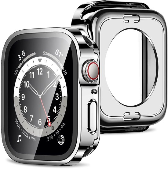 Zilverkleurig Apple Watch hoesje met ingebouwde screenprotector, naast een los hoesje.
