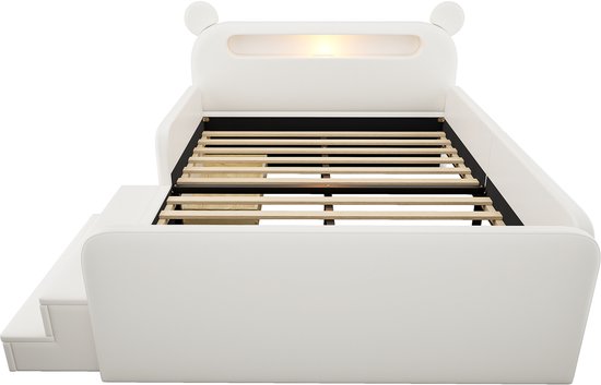 Wit kinderbed met berenoren hoofdbord, met lade en opbergruimte, zonder matras, met lattenbodem.