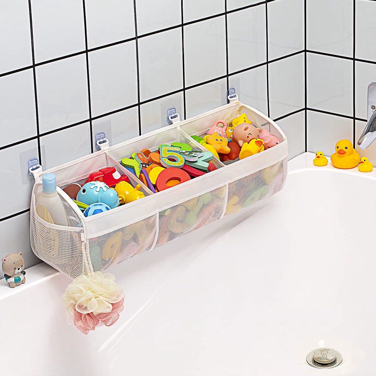 Opbergtas, badspeelgoed hangorganizer tas, badspeelgoed mesh tas. Opbergen en sorteren van speelgoed, ideaal voor badkamers wit)