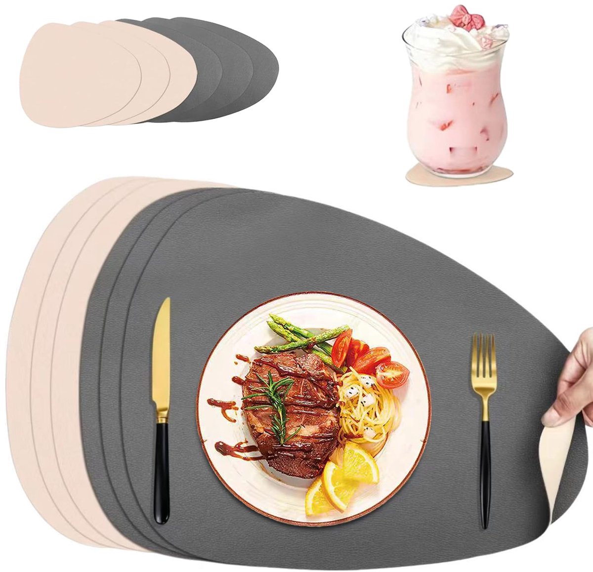 Placemats van Imitatieleer, Placemat Waterdichte Dubbelzijdige Keuken Plaats Matten, Afwasbaar en Waterdicht, Antislip, Koffiematten, Ovaal, voor Eettafel en Keuken