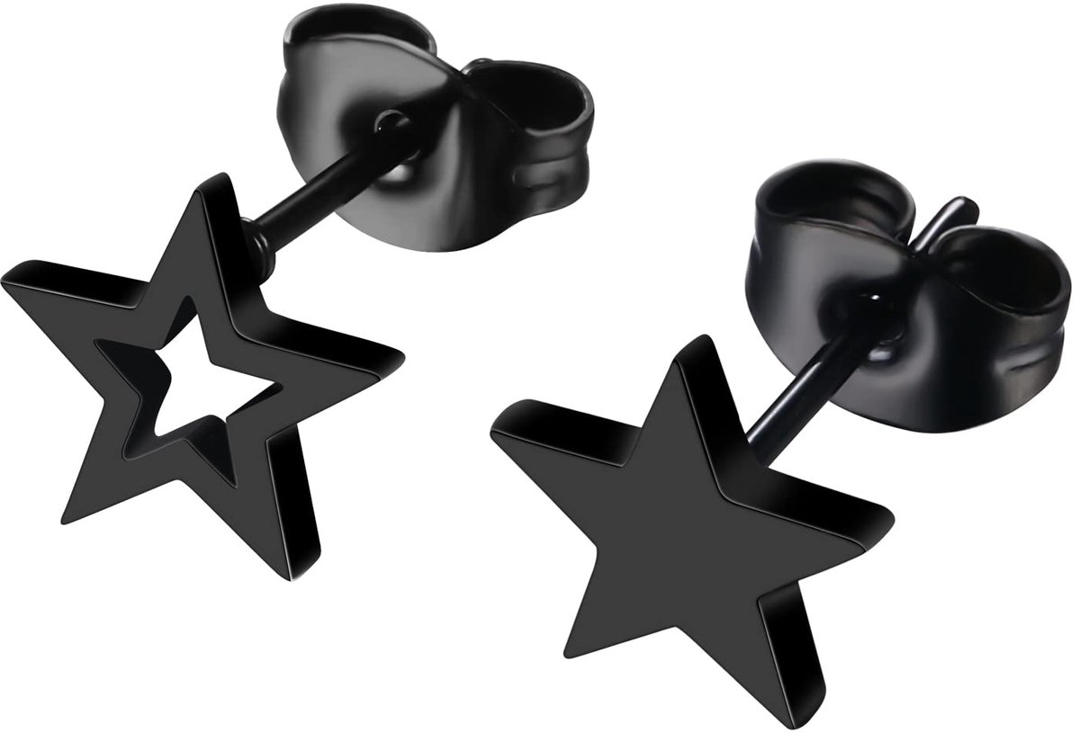 JewelryWe Sieraden, uniseks, oorstekers, roestvrij staal, klassiek, asymmetrisch, ster, maan, hart, rond, driehoek, vierkant, oorpiercings, oorsieraden, voor heren en dames, zwart, 0.8 cm, Roestvrij