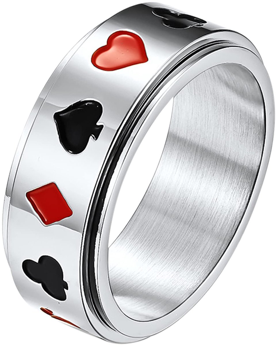 JewelryWe Sieradenring voor heren en dames, gotische ringen, doodshoofd, speelkaarten, poker, roestvrij staal, grote, verstelbare ring, Halloween, cosplay, punk, cadeau