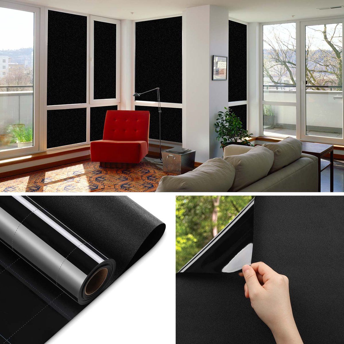 Verduisterende Raamfolie Zwart – 100% Lichtblokkering – Statische Cling-folie zonder lijm – Slaapkamer / Babykamer / Thuisbioscoop – Afneembaar – 45 cm x 200 cm