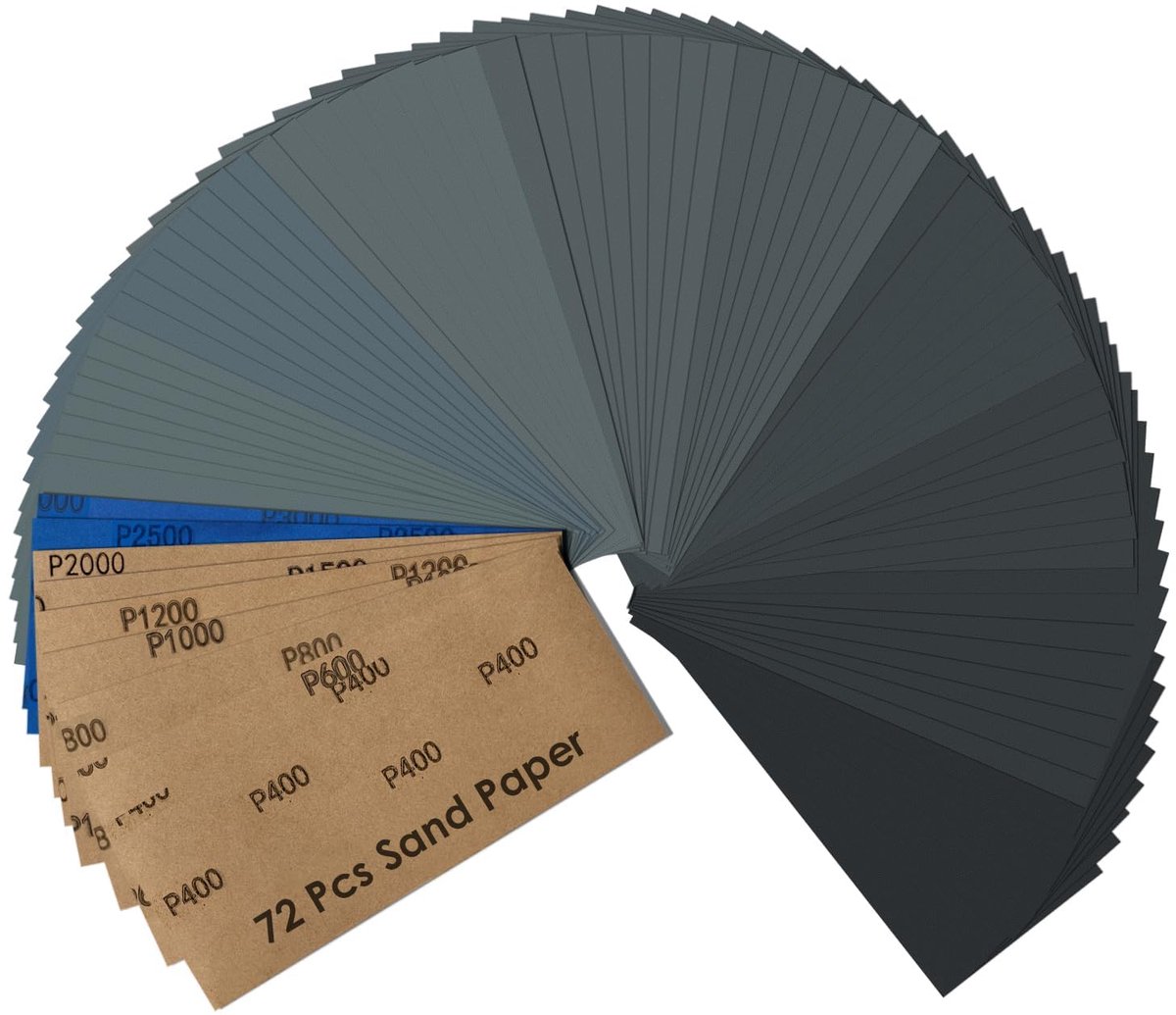 Schuurpapierset, 72 Stuks Nat en Droog Schuurpapier Set, Korrelgrootte 400 600 800 1000 1200 1500 2000 2500 3000 Fijn Schuurpapier voor Auto Metaal Hout Gelakt Muurglas Afwerking 23 x 9 cm