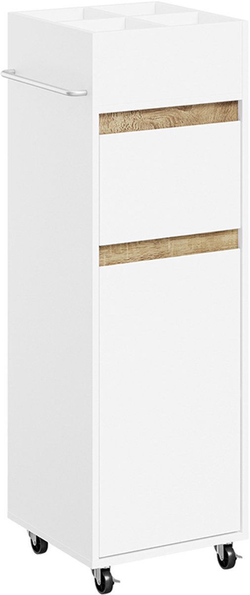 SoBuy Badkamerkast - Wastafelonderkast met 1 deur, 1 lade en 2 planken - Wit met licht eiken - Hoog met wielen en handdoekhouder | BZR225-WN