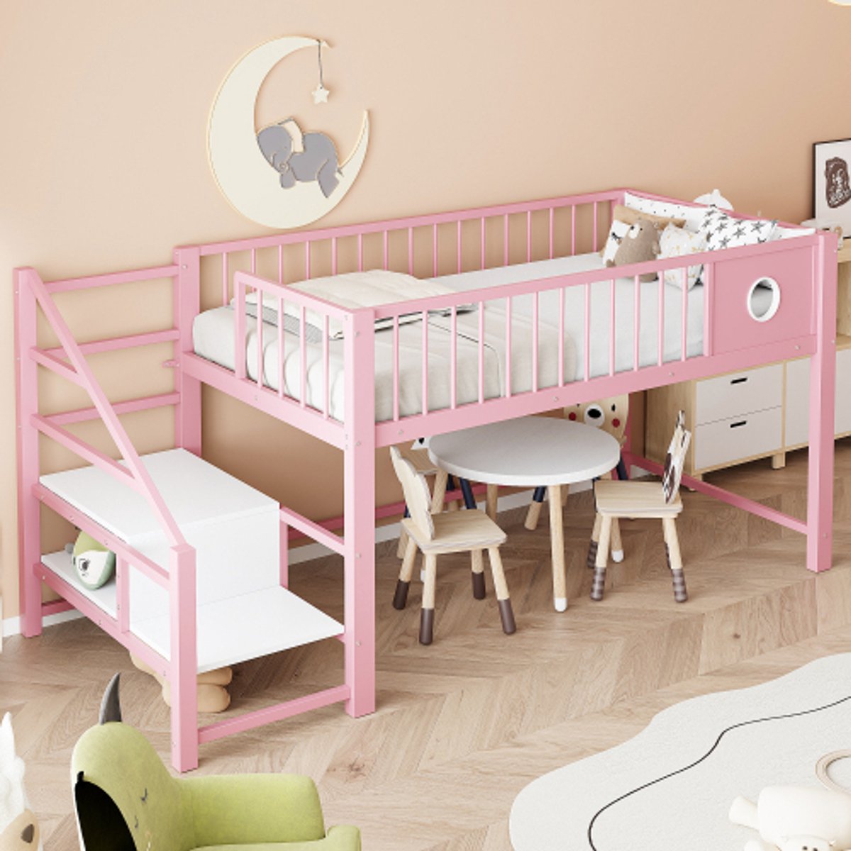 Lemlit Halfhoogslaper - Kinderbed en Laag Hoogslaper 90x200 cm met Opbergladder, Veiligheidshek en Metalen Frame - Roze