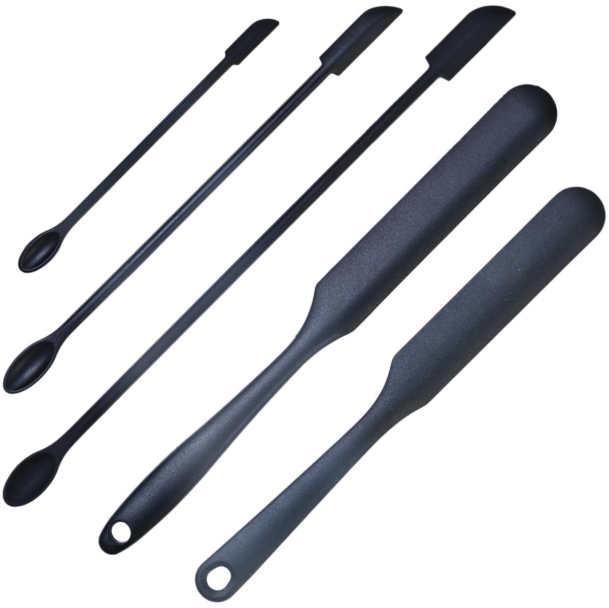 Keukenspatel van siliconen, levensmiddelenspatel met metalen kern, 2 spatels voor gebak + 3 mini-spatels voor make-up, voor keuken, bakken en schoonheid, zwart