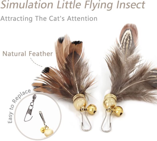 Kattenveer Hengel - 9-delige set insectvormige kattenveerspeeltjes, 1 uitschuifbare stok en 8 verenvullingen met belletjes, interactief speelgoed voor katten voor binnenshuis om te spelen en — afbeelding 3