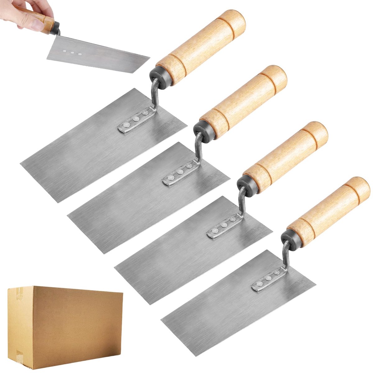 set, 4 stuks metseltroffel met houten handvat, trapeziumvormige gipsspatel, roestvrij staal, stucwerkende spatels, metselgereedschap (5 x 6 cm/5,5 x 7,5 cm/ 6 x 8 cm/ 8 x 10 cm)