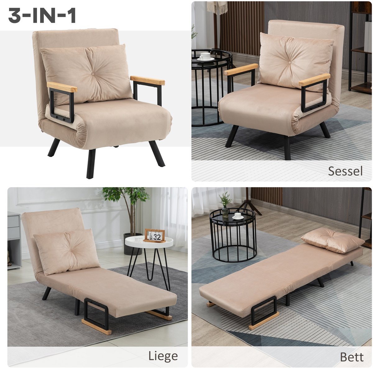 HAUSS SPOLE Fauteuil - Relaxfauteuil Met Slaapfunctie - Verstelbare Rugleuning En Kussen - Voor Woonkamer En Logeerkamer - Beige Velvetlook