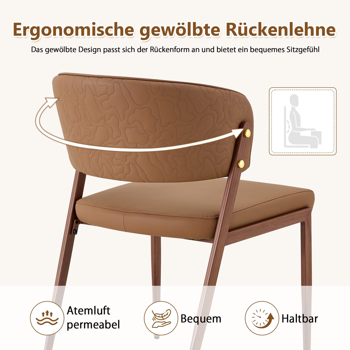 HAUSS SPOLE Eetkamerstoel - Modern Gepolsterd Design - Set Van 2 - Ergonomische Rugleuning En Kunstleren Zitting - Voor Eetkamer Woonkamer Keuken En Kantoor - Metaal Bruin