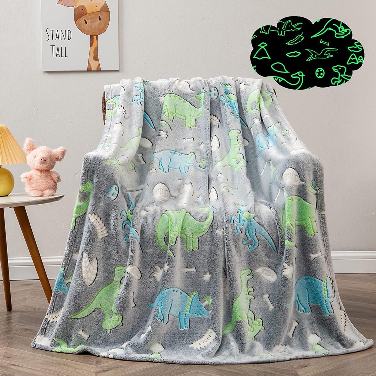 Knuffeldeken voor kinderen, dinosaurusdeken, licht op in het donker, dinosaurus-deken, flanellen woondeken voor jongens en meisjes (grijs, 130 x 150 cm)