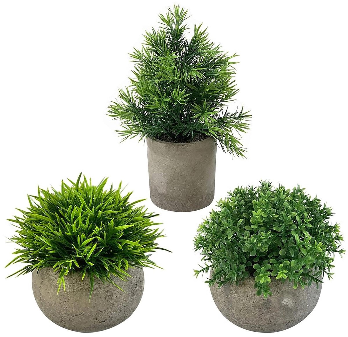 Kunstplanten in potten, 21 cm en 12 cm, set met kunstpotten, kunststof, groen gras, met grijze pot, mini-planten, kantoordecoratie, planten