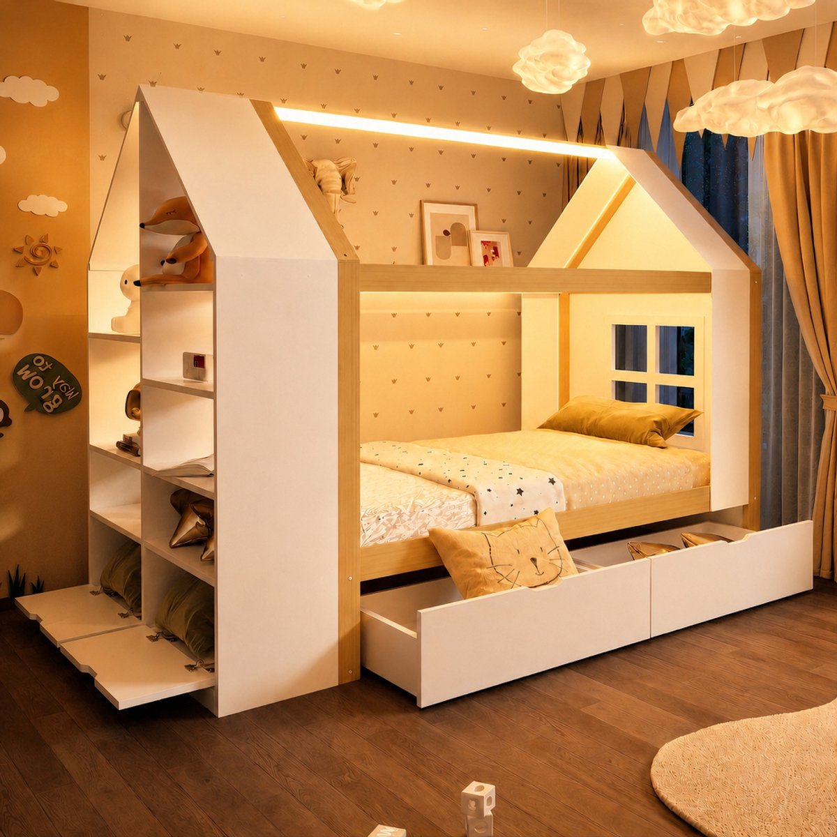 KOMHTOM Kinderbed - 90x200 cm - Huisvormig Ontwerp - Met LED Verlichting - Met 2 Lades - Opbergruimte - Wit en Houtkleur - Jeugdbed voor Kinderen en Tieners