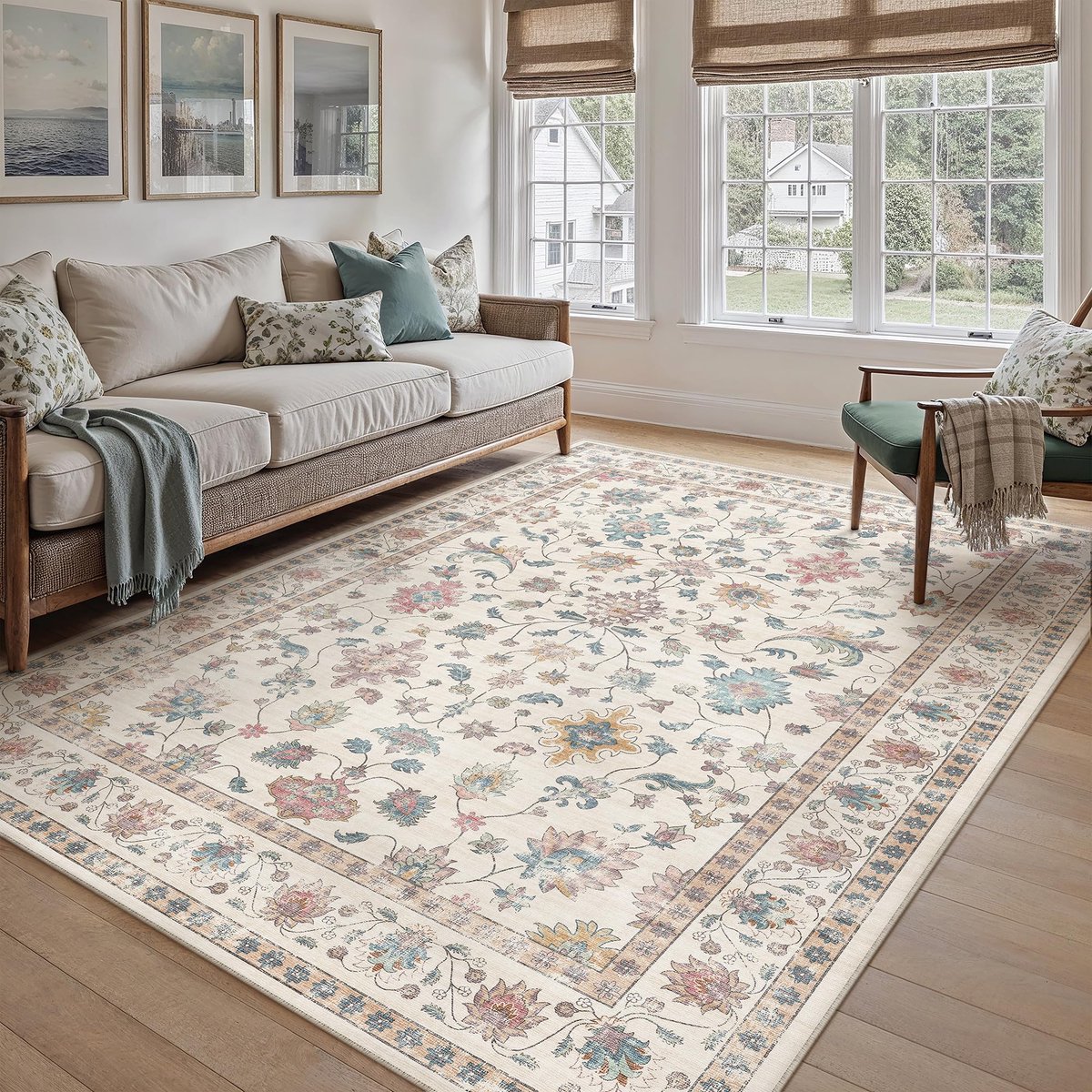 Vloerkleed voor woonkamer, 160 x 230 cm, slaapkamer, machinewasbaar, grote tapijten, woonkamer, kantoor, modern, bloemen, laagpolig, antislip, tapijt, meerkleurig