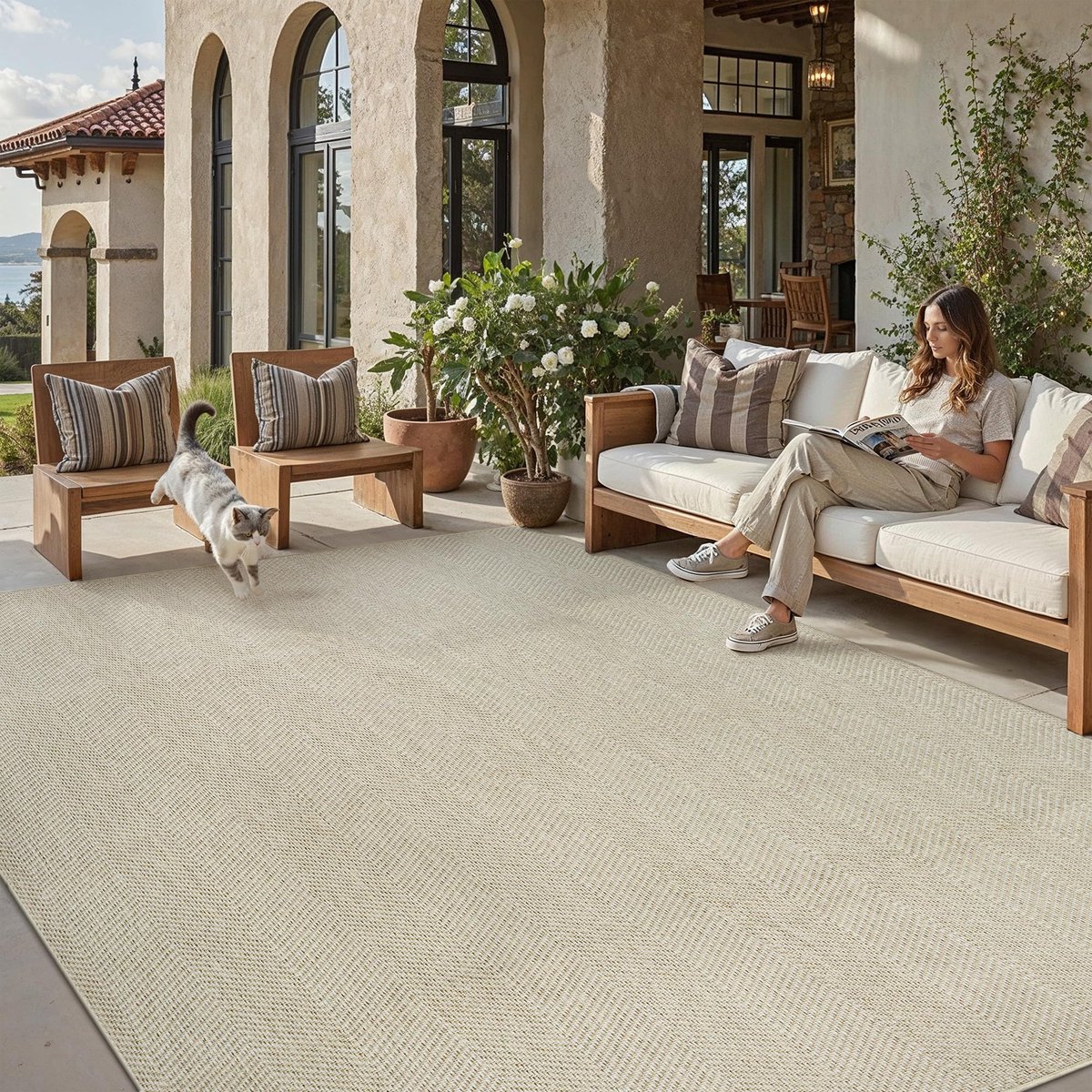 Jute Look Woonkamer Tapijt 200x300cm Lichtbruin Groot Vloerkleden Antislip Wasbaar Binnen Buiten Vloerkleed Slaapkamer Kantoor Ontspanningsruimte Carpet Balkon Patio Tuin Rug