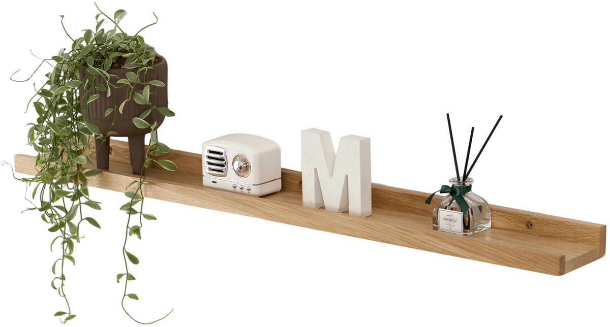 Wandrek, 60 cm, zwevend rek van massief eikenhout, rustiek, houten rek voor woonkamer, keuken, slaapkamer, badkamer