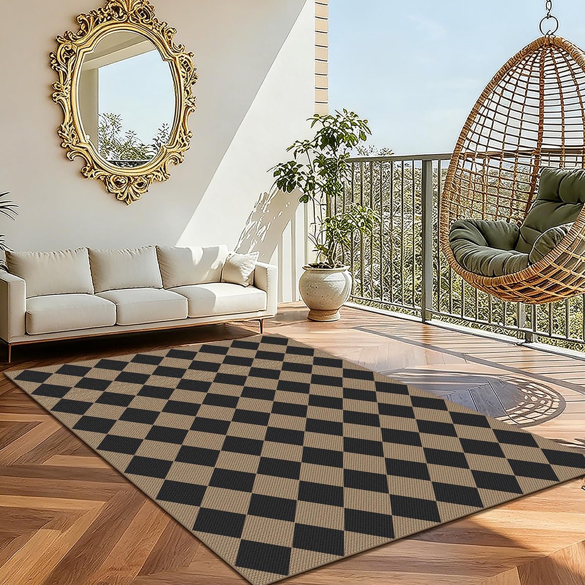 Vloerkleed voor woonkamer, geruite jute look, keukentapijt, natuurlijk, wasbaar, antislip, voor slaapkamer, balkon, ingang, eetkamer, kantoor, decoratie, 160 x 230 cm, zwart