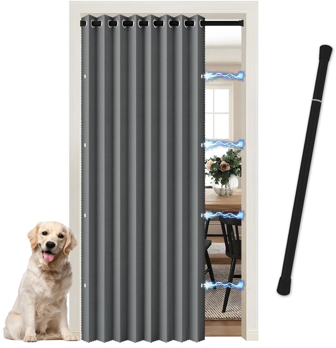 Deurgordijn, zonder boren, ruimteverdeler, met telescoopstang, akoestisch thermogordijn voor kleedkamer, keuken, afdekking voor kast en binnendeur, grijs