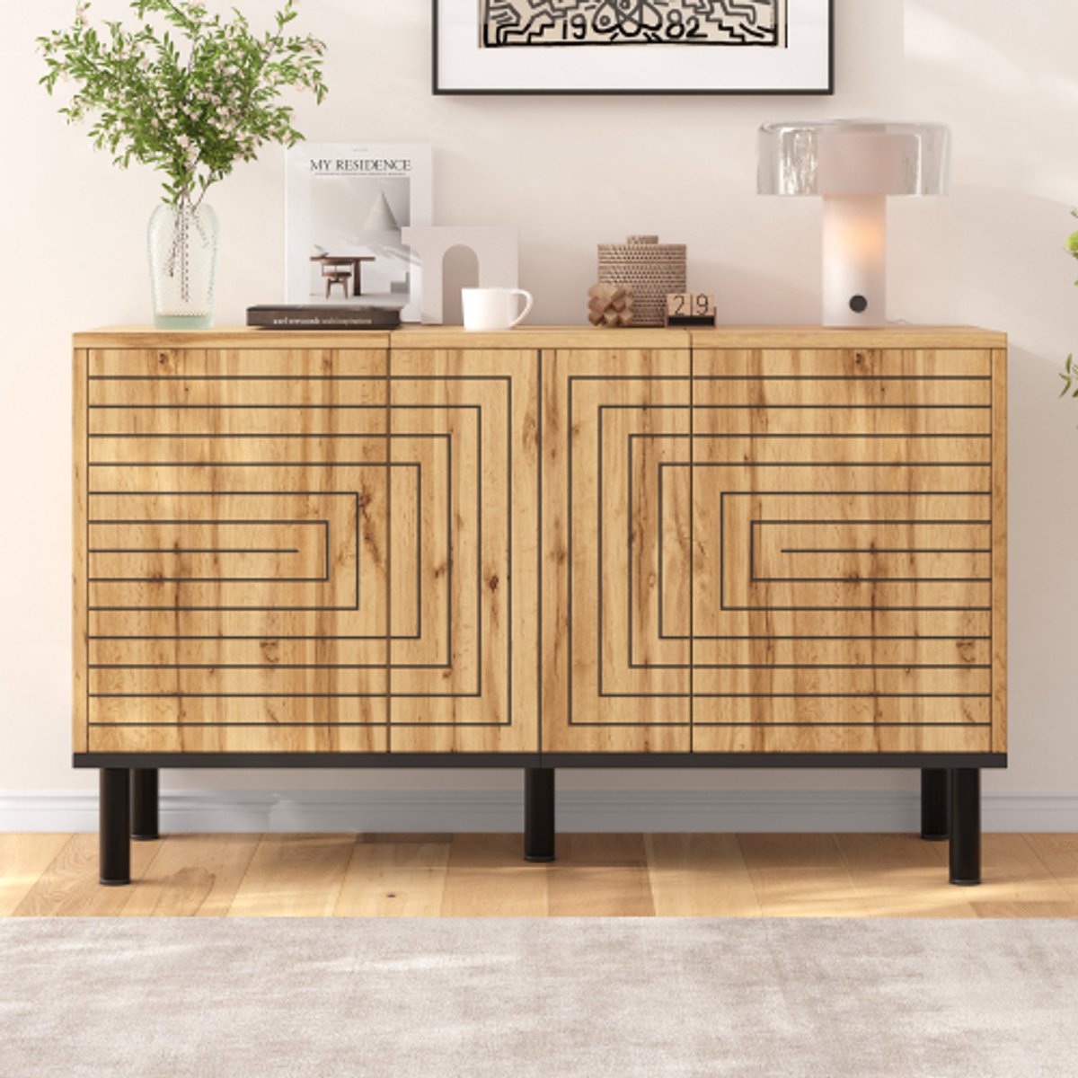Dressoir - Houten design - Driedelige kast van MDF (medium-density fiberboard) - Golvende textuur - Ruime opbergruimte - Draagvermogen van 50 kg - Natuurlijke houtkleur