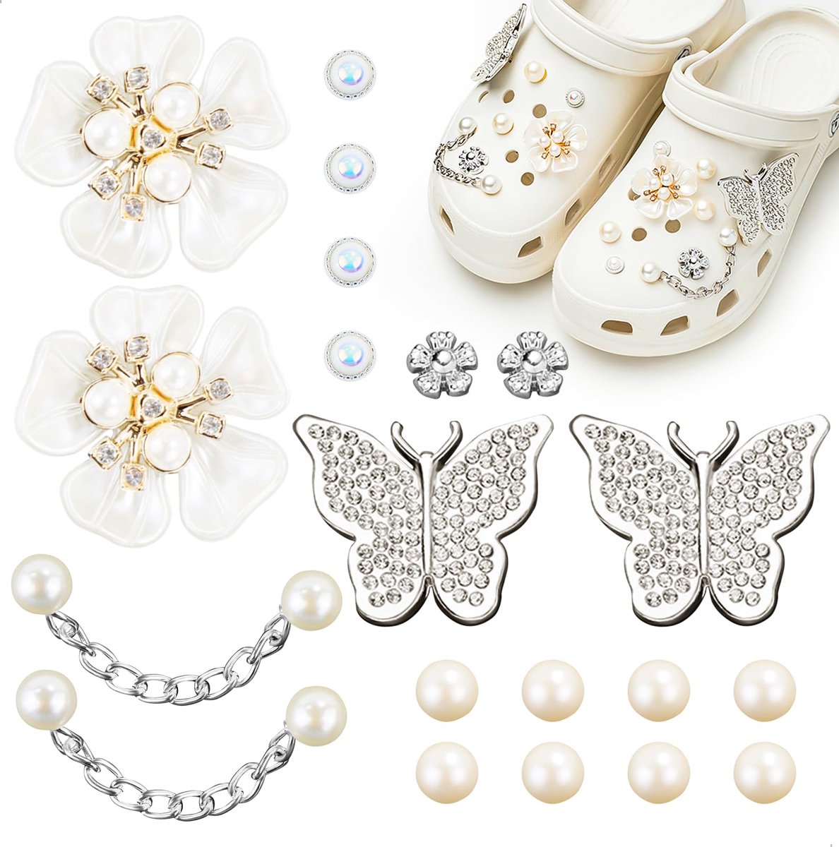 Charms, Crocs Pins met Parelketens, Verwijderbare Crocs Vlinders Sieraden voor Vrouwen, Bloem Bedel DIY Crocs Accessoires voor Meisjes en Volwassenen