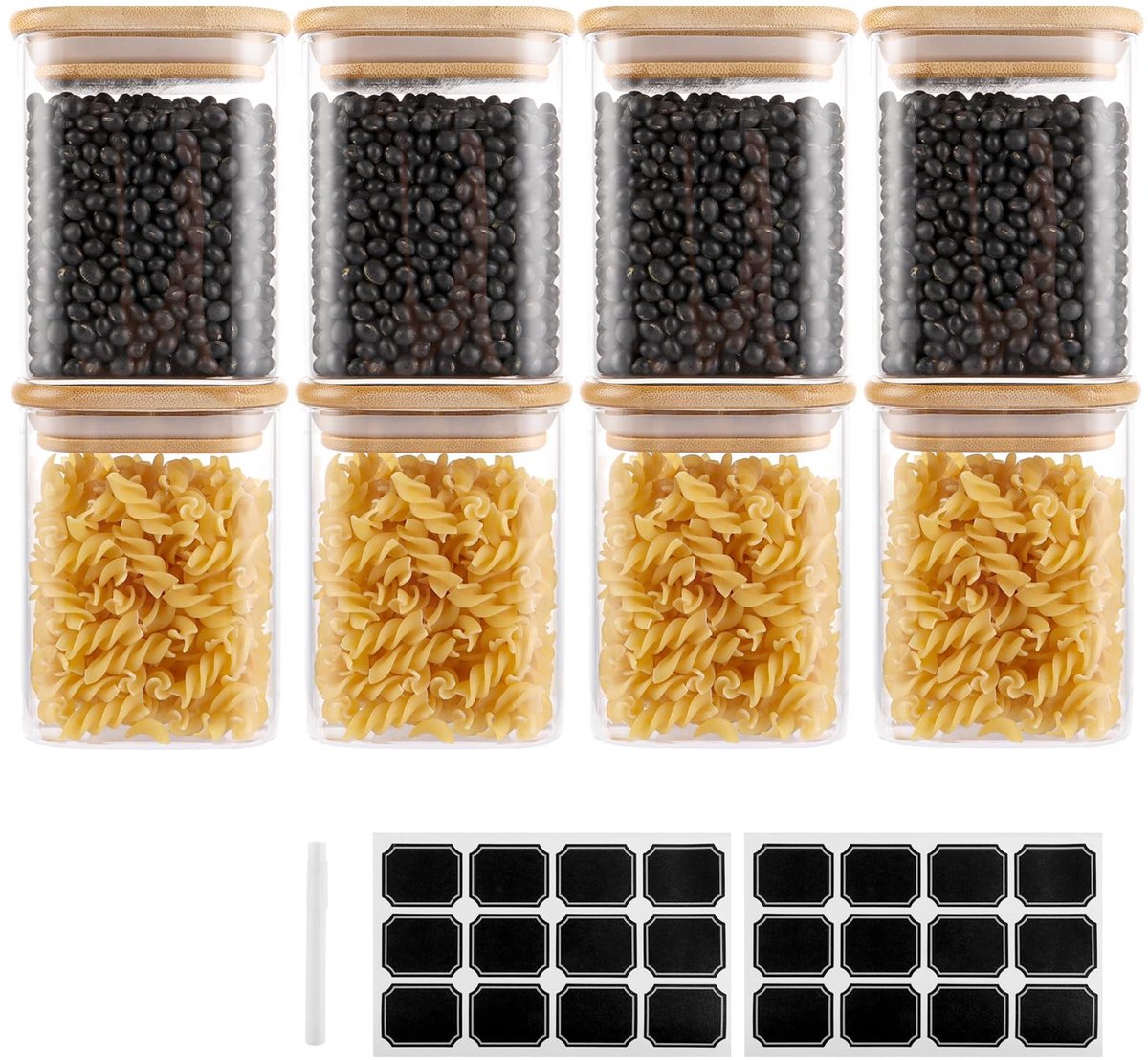 Dailygoods- Opslagpotten Set van 8 - 500ml - Glazen Potten - Houten Deksel - Stapelbare Specerijpotten - Etiketten en Pen inbegrepen