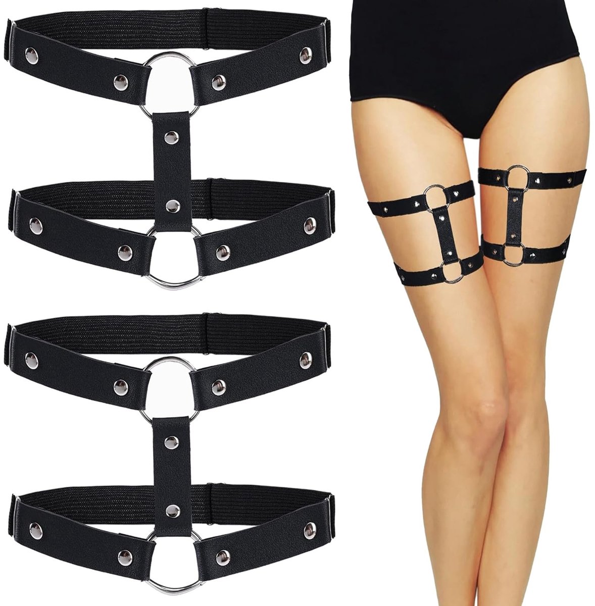 Dailygoods - 2 Stuks Lederen Been Kousenband Elastische Gothic Dij Ring Kousenband 2 Rijen Fashion Dij Jarretels Voor Vrouwen Verstelbare Elastische Been Jarretelgordel Punk Goth Kousenbanden