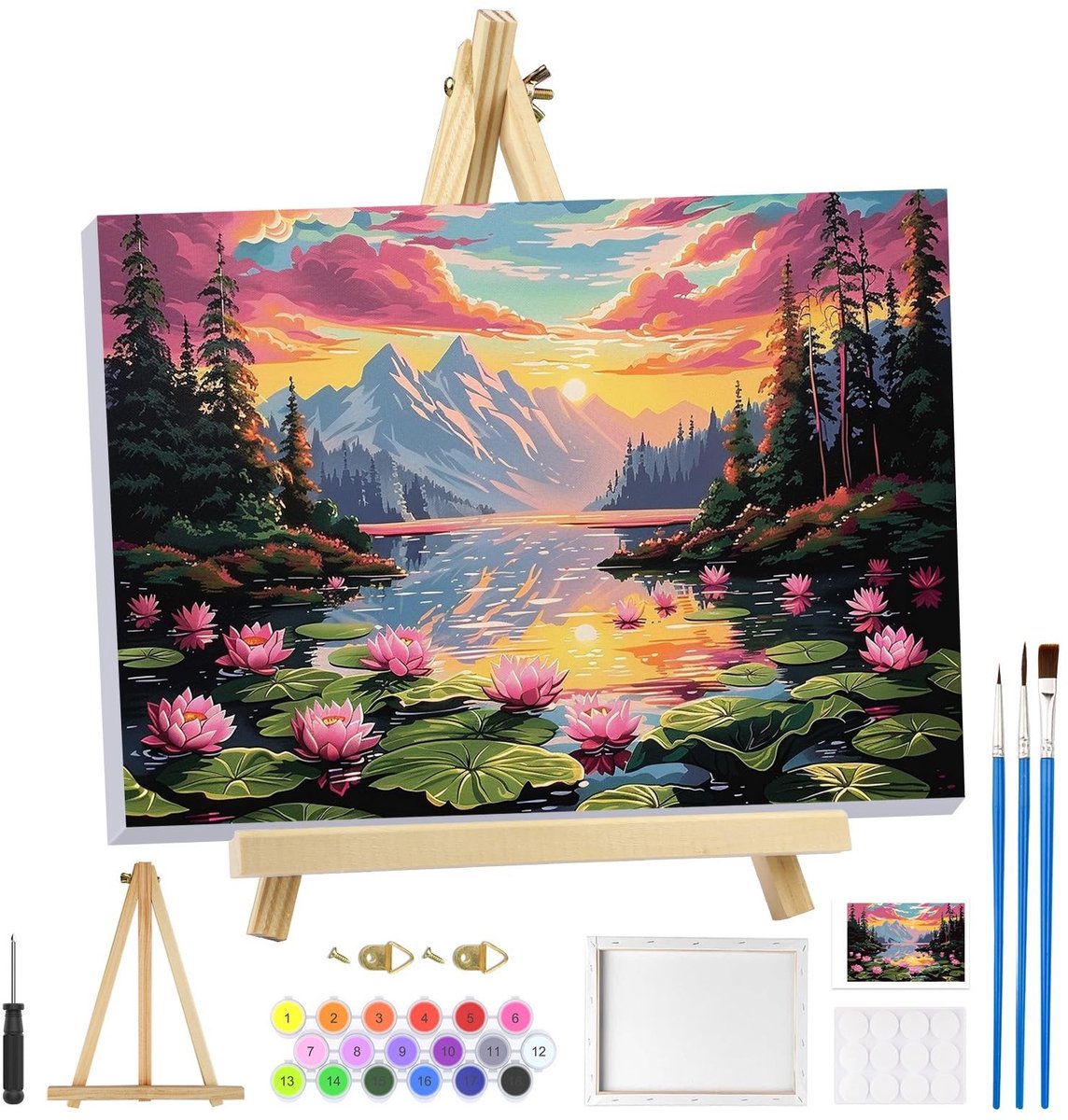 Dailygoods- Schilderen op Nummer - Voorbedrukt Canvas met Lijst - Houten Ezel - 3 Penselen - Creatieve Vrije Tijd Volwassenen - Geschikt voor Beginners - Doe-het-zelf Schilderij