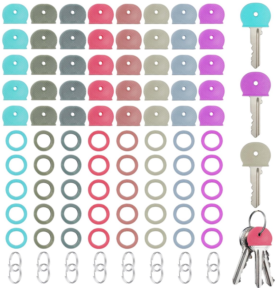 Dailygoods- Sleutelhoezen 90 Stuks - 40 Halve Cirkel/40 Ronde Doppen - 10 Sleutelhangers - 8 Kleuren - Waterdicht/Duurzaam - Perfect Coderingssysteem - Sleuteldoppen