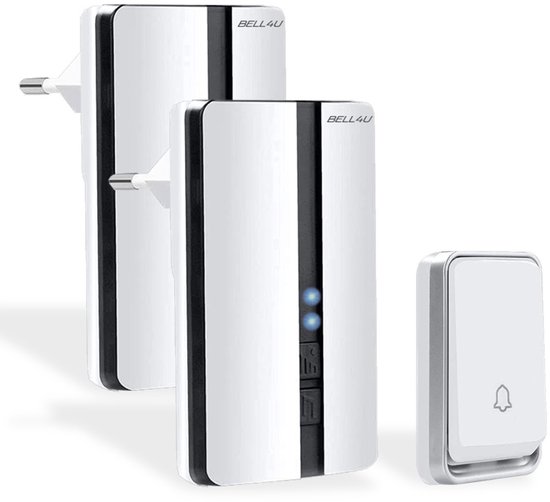 Twee witte Bell4U-ontvangers met zwarte accenten en blauwe LED-lampjes, naast een witte deurbelknop met zilveren rand.