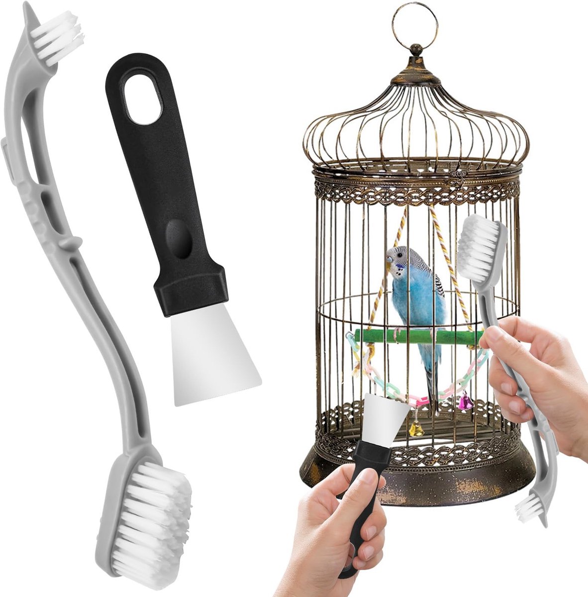 Dailygoods- Vogelkooireiniger 2 Stuks - Reinigingsborstel - Lange Handgreep - Professioneel Ontwerp - Omgekeerd Borsteldesign - Milieuvriendelijk Materiaal - Kooireiniger