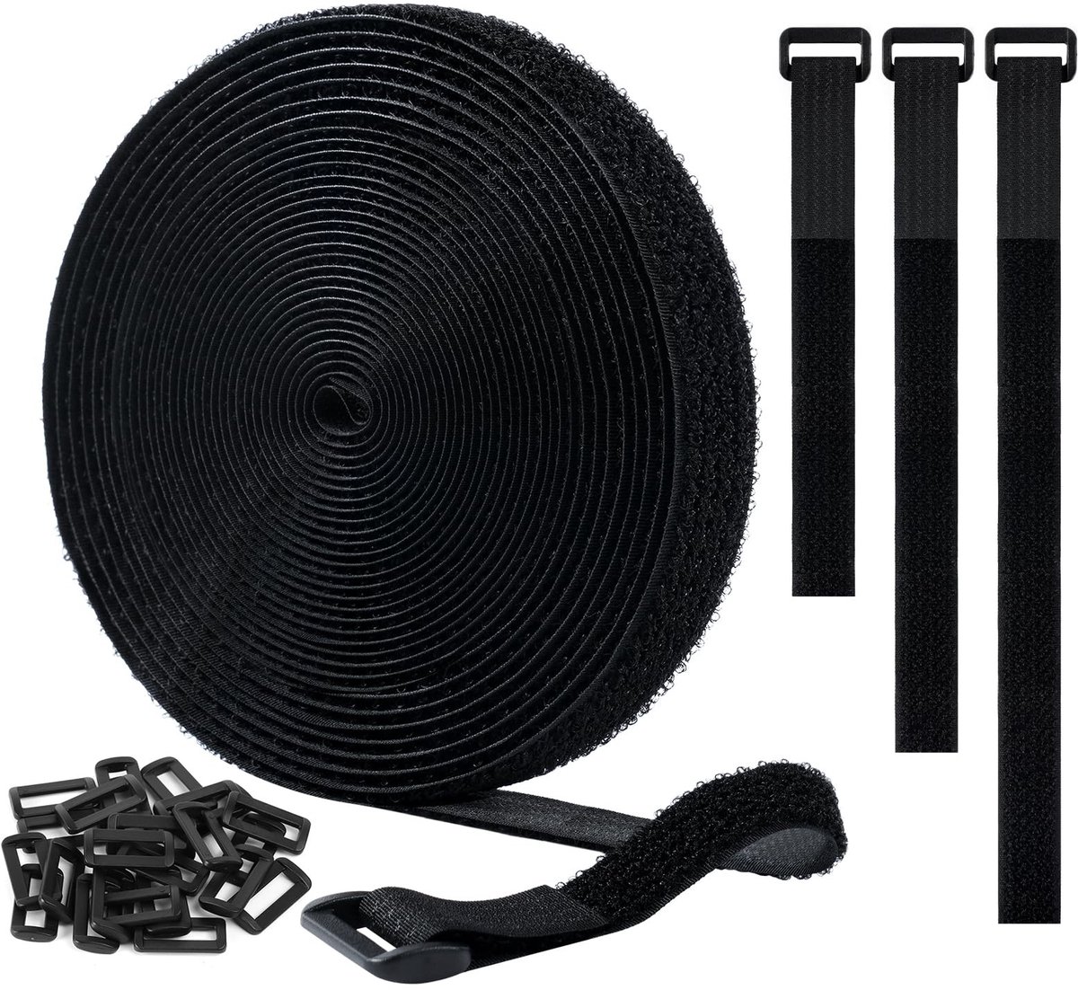 Dailygoods - Ainiv Kabelriemen, 5 m (breedte: 25 mm) Verstelbare Vrije Snijlengte, Herbruikbare Zelfklevende Tape Kabelbinders met 25 Gespen, Multifunctionele Draad- en Kabelorganizer voor Kantoor, Thuis (Zwart)