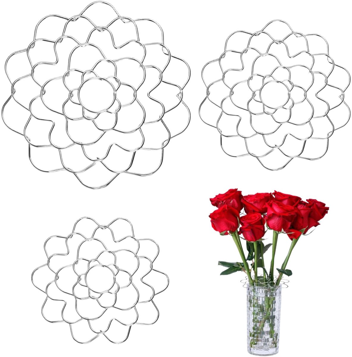 Dailygoods- Bloemenarrangementhouder - Roestvrij Staal - Bloemenrooster - Plantenfixatie - Voor Vaas - 3 Stuks - 10/5/6 cm