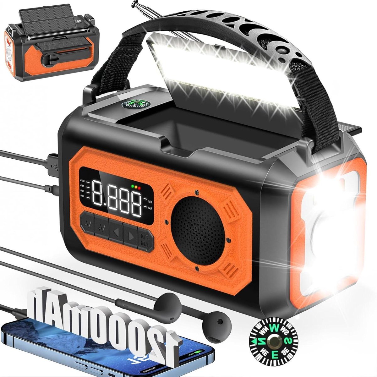 Noodradio Oplader - Weerstation Radio - Buiten Avontuur - 12000mAh Grote Batterij - Compact Ontwerp - Oranje