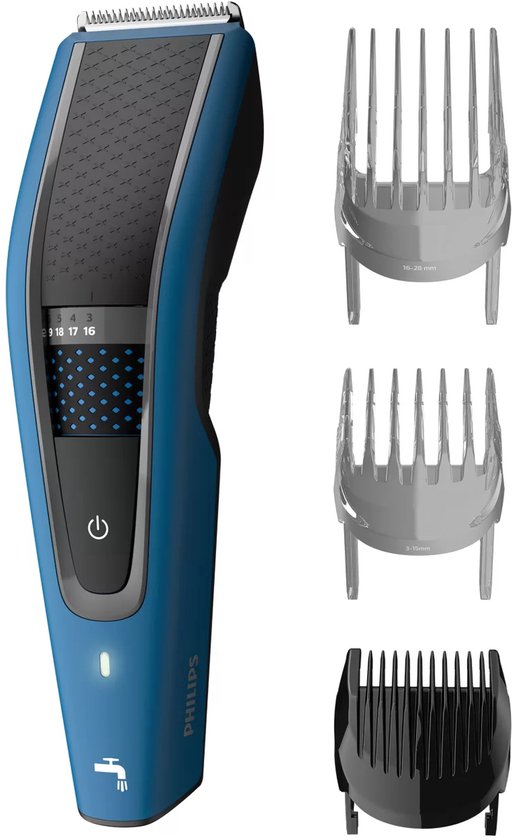 Blauwe Philips tondeuse met een zwarte grip en 3 opzetkammen.
