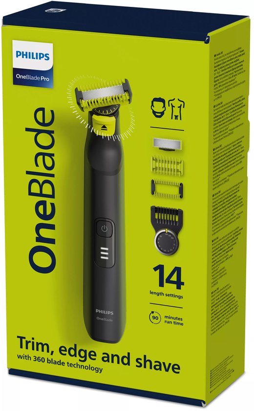 Philips OneBlade Pro 360 apparaat met 14 lengtestanden, 90 minuten batterijduur, op de verpakking.