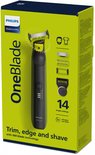 Philips OneBlade Pro 360 apparaat met 14 lengtestanden, 90 minuten batterijduur, op de verpakking.