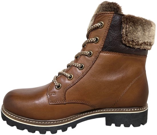 Bruine leren veterboot met rits, bontkraag en veterdetails, van de zijkant gezien.