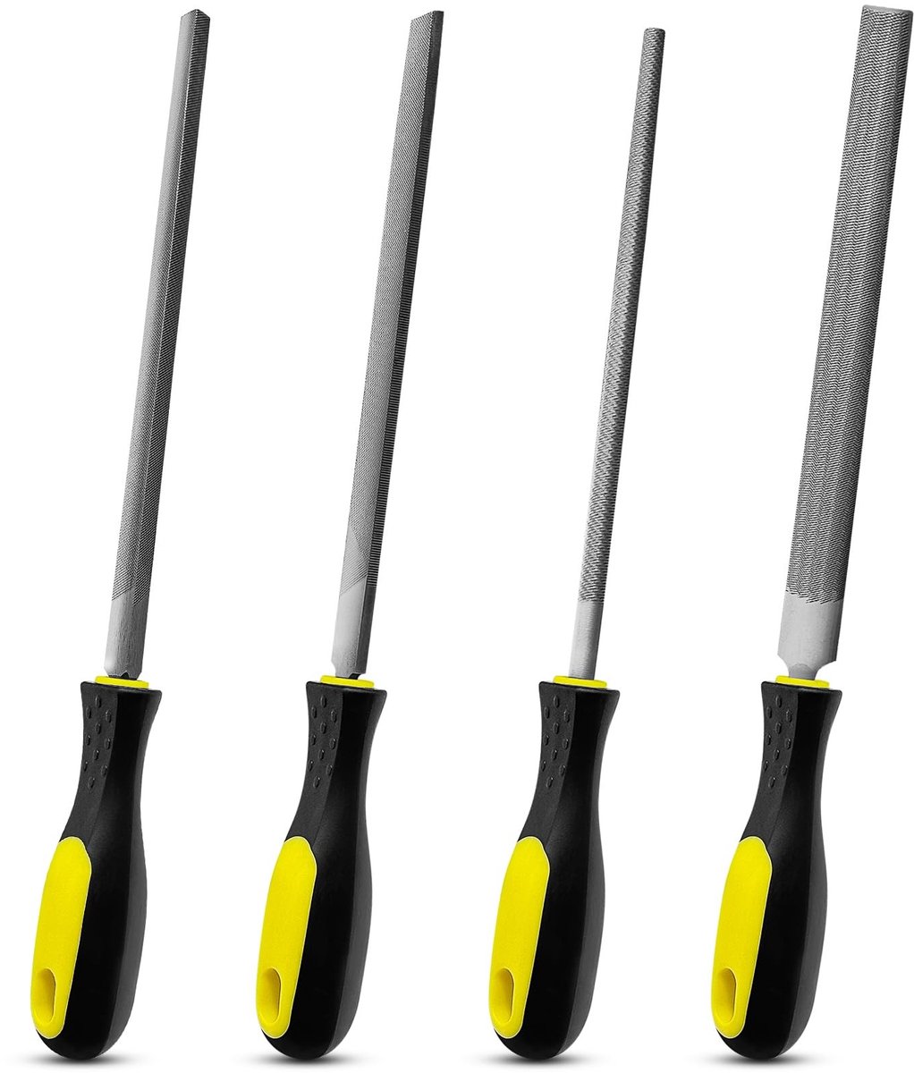 Dailygoods- Vijlenset 4-delig 200mm - Metalen Vijl - Platte/Ronde/Halfronde/Driehoekige Vijl - Ergonomische Handgreep - Slijtvast Staal - Fijne Afwerking - Vijlen