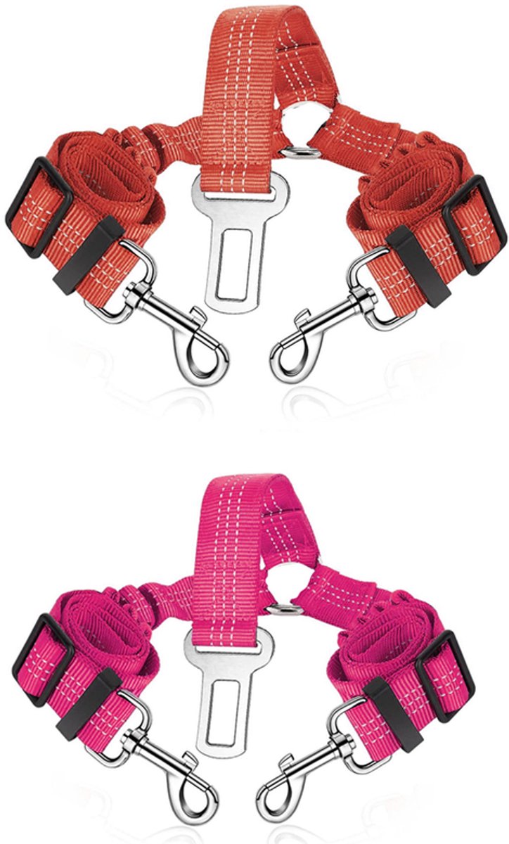Set van 2 Dual-Dog autogordels – Verstelbare autogordel voor twee huisdieren, voorzien van een elastische riem en reflecterende strips, met een knoopvrij ontwerp met vertakking;rood+Rozeroze