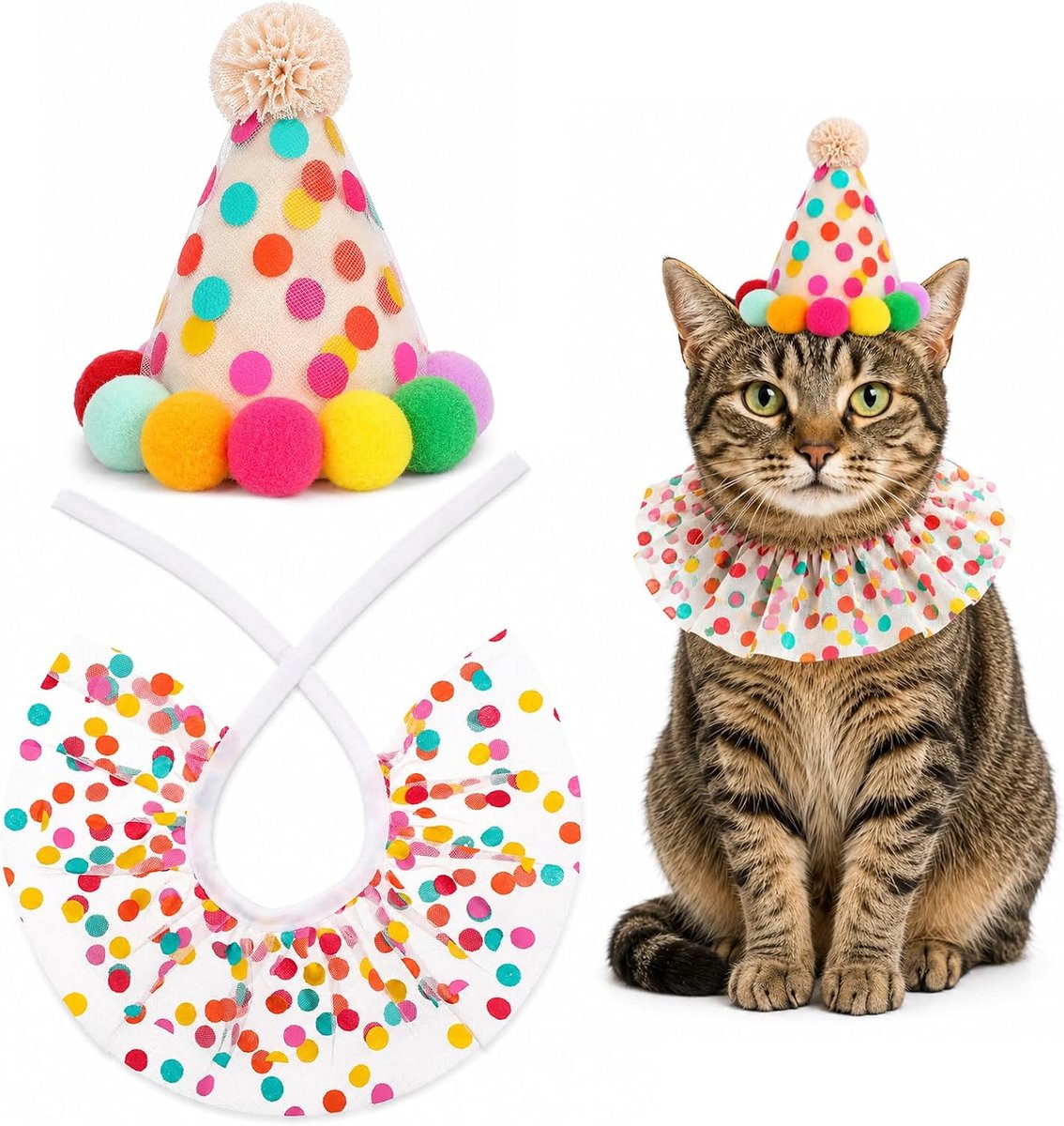 Verjaardagsset voor katten – Feestmuts voor kat en hond + kanten slabbetje en sjaal, schattige outfits voor puppy's en kittens voor kleine en middelgrote honden en katten, verjaardagsdecoraties en cadeaus voor huisdieren