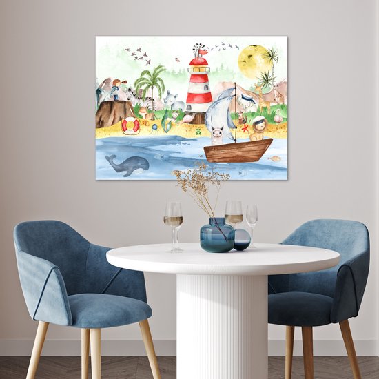 Poster kinderen - Wanddecoratie jongens - Strand - Dieren - Kinderen - Vuurtoren - Poster kinderkamer - 80x60 cm - Decoratie kinderkamers - Kinderkamer decoratie - Poster Babykamer — afbeelding 3