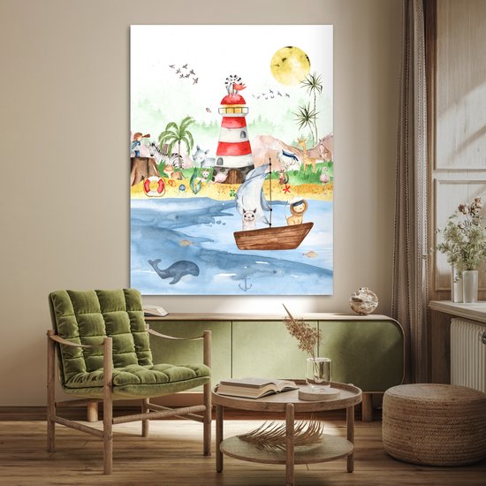 Poster kinderen - Wanddecoratie jongens - Strand - Dieren - Kinderen - Vuurtoren - Poster kinderkamer - 120x160 cm - Decoratie kinderkamers - Kinderkamer decoratie - Poster Babykamer — afbeelding 3