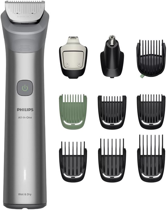 Grijze Philips All-in-One trimmer met zeven opzetkammen, een scheerkop en een neustrimmer.