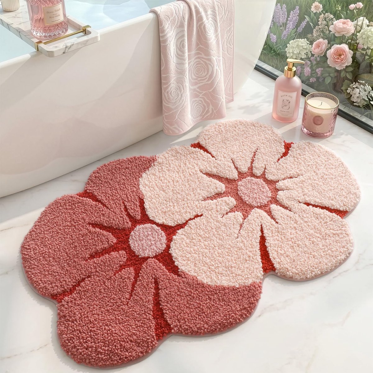 Badmat 50 x 80 cm, Antislip en Zachte Badmatten met Bloemen, Machinewasbare en Absorberende Badtapijt voor Douche, Badkamer en Badkuip, Zachtroze